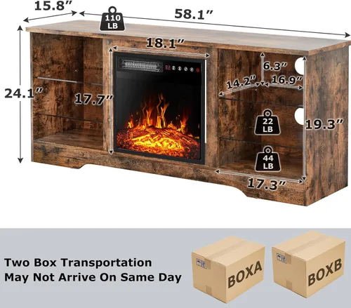 Miniatura 7 de PUKAMI Soporte de TV con chimenea de 18 pulgadas para sala de estar, centro de entretenimiento de 58 pulgadas con luces para las patas, gabinete