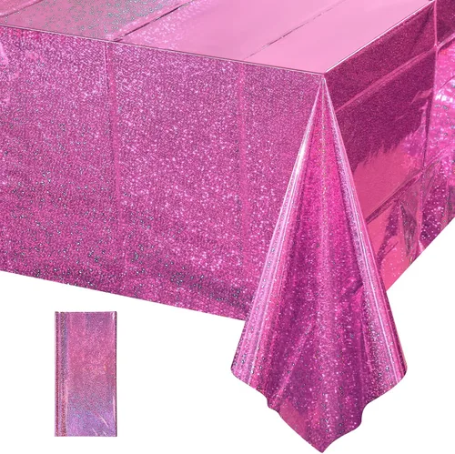 Miniatura 15 de Paquete de 8 manteles de plástico iridiscente brillantes desechables láser rectangulares, cubiertas de mesa de papel holográfico iridiscente, Rosa