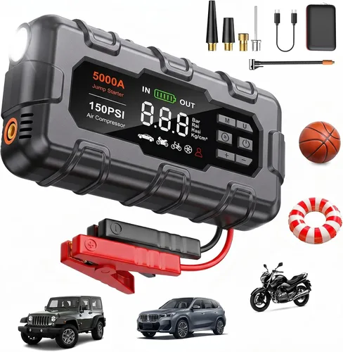THEKUKU Arrancador de 5000 A, arrancador de batería de coche con compresor de aire para hasta 9.0 L de gas y motor diésel de 8.0 L, caja de arranque