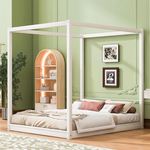 Miniatura 12 de Cama con dosel de metal, con plataforma de 4 postes de Coner con cabecera entrecruzada y estribo, tamaño Queen