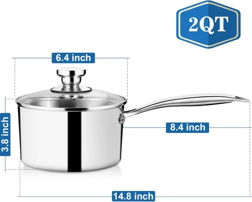 Miniatura 2 de P&P CHEF Olla y cacerola de tres capas de 2 cuartos de galón, sartén de acero inoxidable con tapa, olla de inducción de cocina, utensilios de cocina