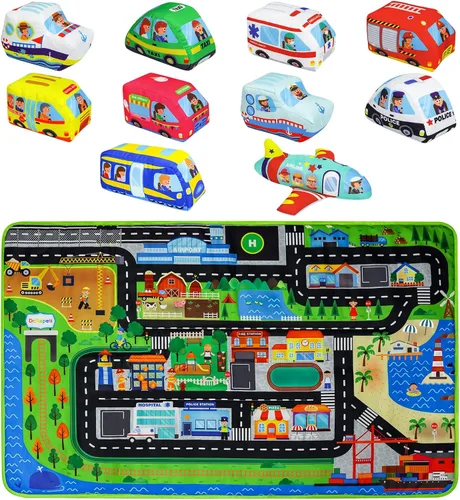 Miniatura 7 de Dr.Rapeti Juego de autos de juguete suave para bebés, niños pequeños, 1 tapete de juego de gran tamaño, 10 autos de juguete suave, 47 x 30 pulgadas