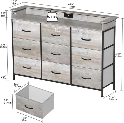 Miniatura 2 de EXOTICA Cómoda con estación de carga, 9 cajones para dormitorio con luces LED, cómoda de tela alta y ancha para armario, pasillo, entrada, marco