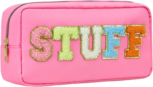 Miniatura 9 de DYSHAYEN Bolsa de Cosméticos de Nylon Pequeña, Bolsa de Maquillaje Preppy de Viaje para Mujeres y Niñas con Parches de Letras de Chenilla, Beige-Skin