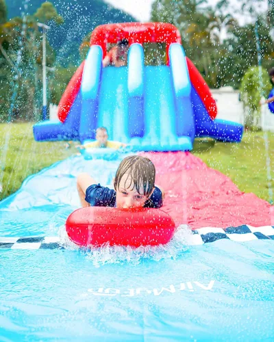 Miniatura 2 de AirMyFun Casa inflable de dinosaurio, tobogán acuático inflable de 2 toboganes para niños con pared de escalada, pozo de pelotas y portería