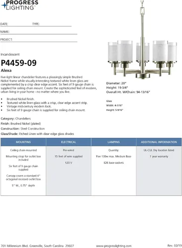 Miniatura 20 de Progress Lighting P4459 Alexa Candelabro de 5 luces, con pantalla de lino, de 20 pulgadas de alto., P4459-09, 100.00watts, 120.00 volts
