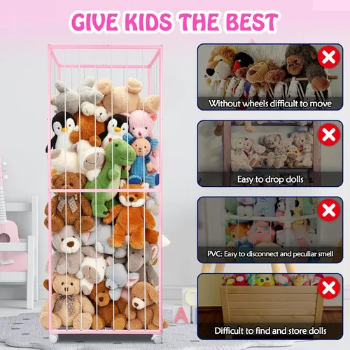 Miniatura 5 de Almacenamiento de animales de peluche, tubo de metal extra grande organizador de almacenamiento de juguetes con ruedas de freno, soporte
