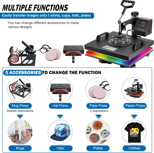 Miniatura 3 de TOPDEEP Máquina de prensa de calor 5 en 1, prensa de calor de 15 x 15 pulgadas, máquina de prensado de camisetas, diseño deslizante, máquina