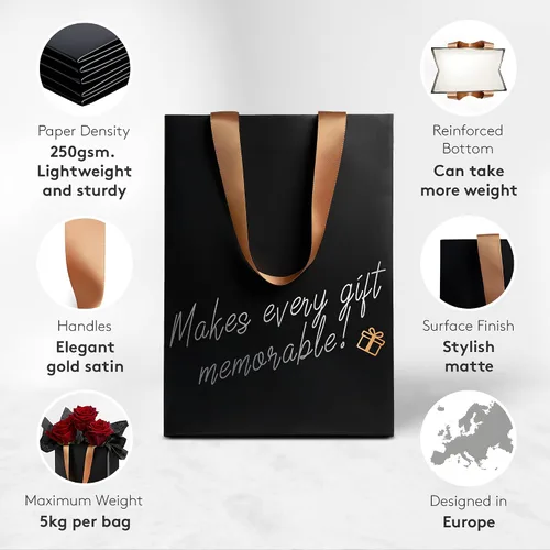 Miniatura 6 de Anavego 6 bolsas de regalo negras de primera clase con marcadores metálicos para personalización y papel de seda. Tamaño mediano 8 x 10 pulgadas.
