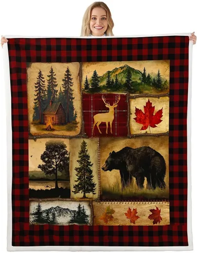 Miniatura 27 de Erosebridal Manta de vellón de animales del bosque, 40 x 50 pulgadas, con temática de caza de osos, ciervos, lobos, manta de felpa mullida