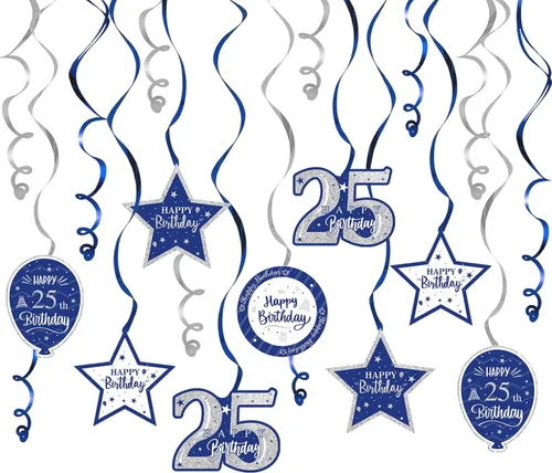 Miniatura 80 de Decoración de fiesta de serpentinas con purpurina azul y plateada de feliz 11º cumpleaños, 15 piezas de remolinos colgantes de 11 cumpleaños, cartel