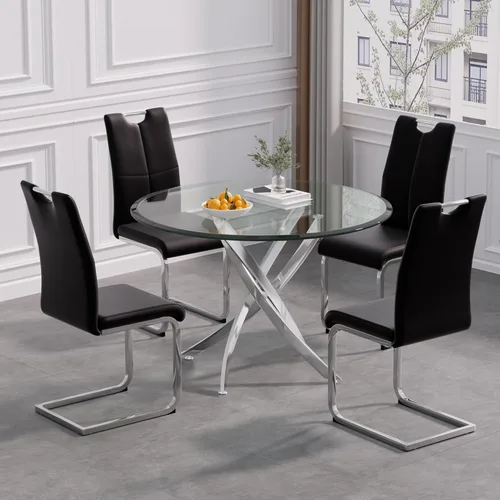 Miniatura 5 de Juego de 2 sillas de comedor, modernas sillas de cocina con respaldo alto con patas de metal y asiento acolchado de piel sintética, sillas de Negro