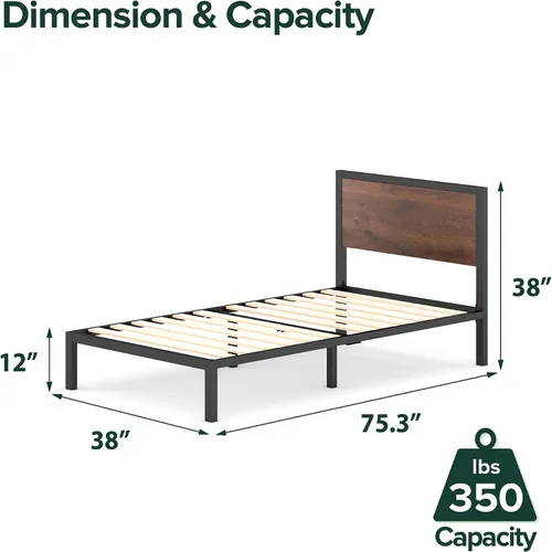 Miniatura 2 de ZINUS Mory - Marco de cama de metal y madera, soporte de listones de madera, no necesita somier, fácil de montar, tamaño individual