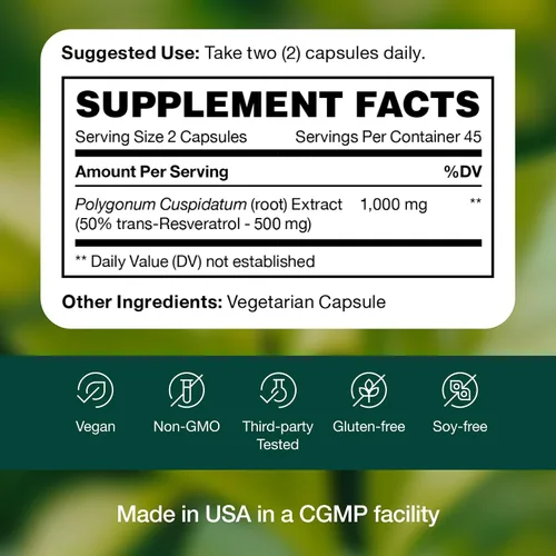 Miniatura 7 de Suplemento de resveratrol - Trans-resveratrol Extra Strength 750mg - Suplemento de polifenoles naturales, puros y potentes - Vegano, sin OMG, sin
