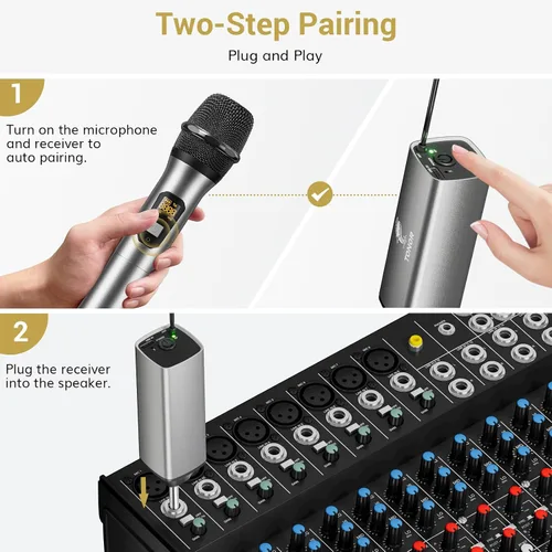 Miniatura 4 de TONOR Micrófonos inalámbricos, sistema de micrófono dinámico de metal inalámbrico dual UHF con receptor recargable, para canto de karaoke, boda, DJ
