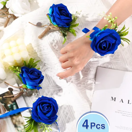 Miniatura 4 de Aoriher Juego de 4 ramilletes y boutonniere para fiesta de boda, 2 pulseras de ramillete de rosas para baile de graduación, dama de honor, Azul