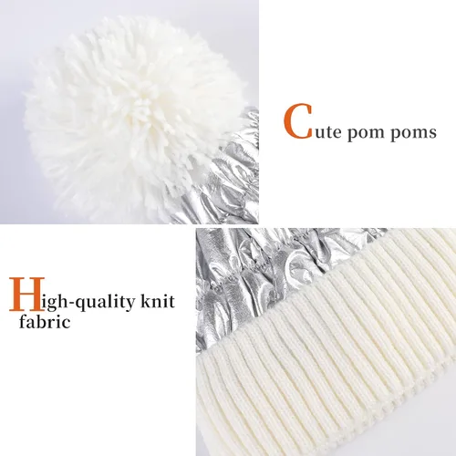 Miniatura 3 de Muryobao Gorro de invierno para mujer con forro polar brillante metálico con puños con diseño de calavera