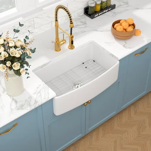 Miniatura 22 de Sarlai - Fregadero de cocina de granja blanco de 33 pulgadas, fregadero de 84 x 51 cm con delantal frontal de cerámica de porcelana vítrea