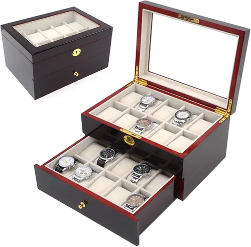 Miniatura 2 de LOYALHEARTDY Caja de reloj de madera de 20 ranuras, joyería y reloj de exhibición Oraorganization de 2 capas soporte de reloj de madera