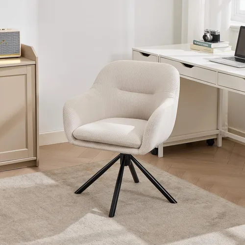 Miniatura 7 de Silla moderna de escritorio de oficina, silla giratoria de acento sin ruedas, silla tapizada de tela, silla giratoria ergonómica con brazo de Beige