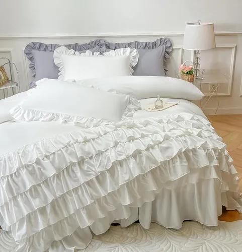 Miniatura 10 de MOOWOO Ropa de cama para niñas – Funda de edredón con volantes en cascada – 2 piezas Shabby Chic Color sólido suave y transpirable con cierre de Rosa