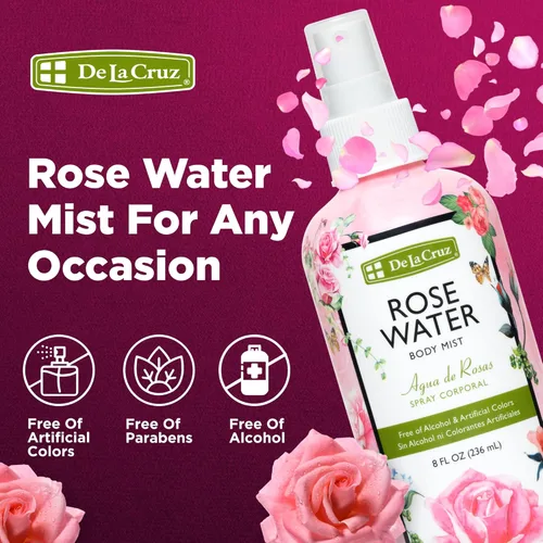 Miniatura 3 de De La Cruz Pure Rose Water - Aerosol de agua de rosas para cara, piel y cabello, tóner y agua de rosas para el cabello, sin alcohol, sin parabenos