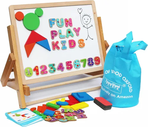 Toys of Wood Oxford TOWO Caballete de madera para niños, plegable, doble tablero, formas magnéticas, letras y rollo de papel, caballete de arte para