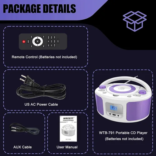 Miniatura 8 de Reproductor de CD Radio Portátil con Bluetooth, Radio FM, Control Remoto, Entrada USB y Conector de Auriculares de 3.5mm AUX, Reproducción