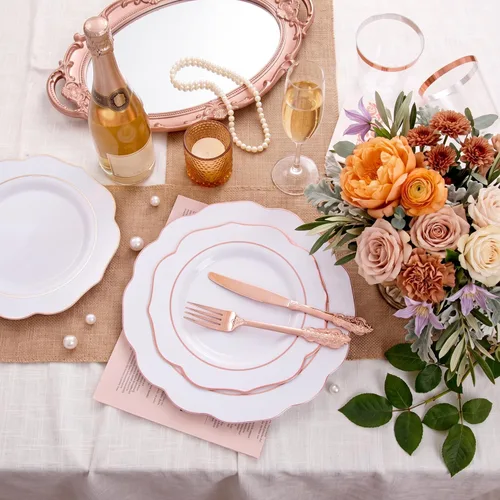 Miniatura 11 de NOCCUR 175 platos de plástico color oro rosa con cubiertos desechables, incluye 25 platos de cena, 25 platos de postre, 25 tenedores, 25 cuchillos
