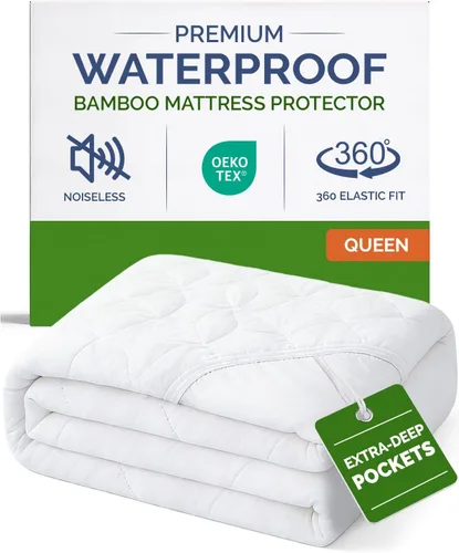 Protector de colchón impermeable y refrescante - Funda de colchón tamaño Queen - Hecha de viscosa de bambú - Suave, transpirable, silenciosa y