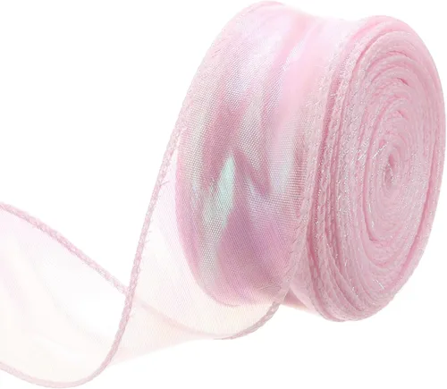 Miniatura 41 de MECCANIXITY - Cinta de organza con cable de 1 1/2" de ancho, brillante, transparente, con brillo irisado en tonos pastel, cinta de gasa para Beige
