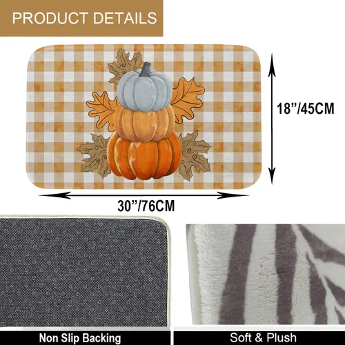 Miniatura 3 de Fukeen Alfombra de baño de calabaza a cuadros naranja – Alfombra de ducha antideslizante con hojas de arce para baño, dormitorio, hogar