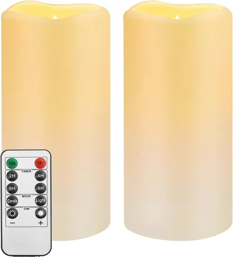 Velas sin llama impermeables con control remoto 2PACK (D3''*H5.5'') Vela de pilar LED parpadeante que funciona con pilas, de plástico con Paquete de