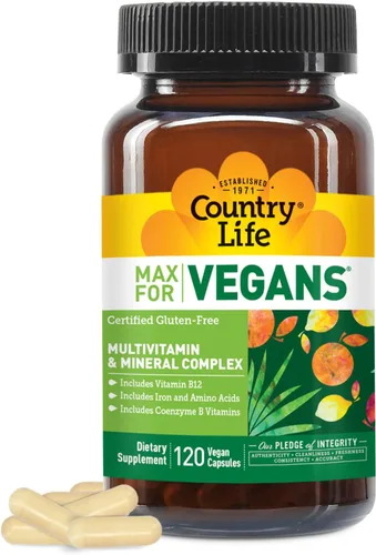 Country Life Max for Vegans - 120 cápsulas veganas - Multivitaminas diarias - Suplemento de apoyo inmunológico - Contiene vitamina B12, hierro,