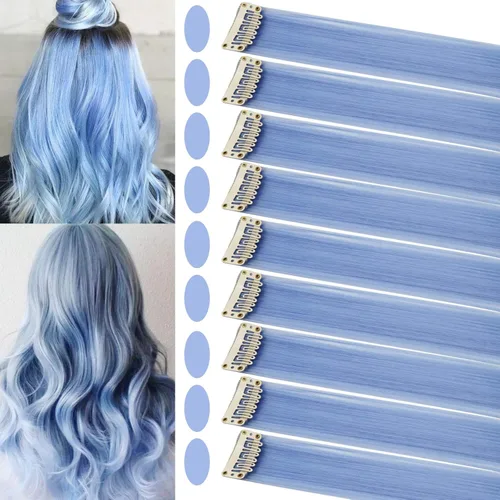 16 extensiones de cabello de colores con clip para fiestas, 21 pulgadas, lacio, sintético, extensiones de cabello azul claro para niñas y mujeres,