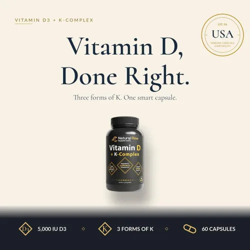 Miniatura 7 de Vitamina D3 de flujo natural con complejo K2 - 5,000 UI D3 + Complejo K completo (K1, MK-4, MK-7) + FOS - Apoyo óseo, corazón e inmunológico