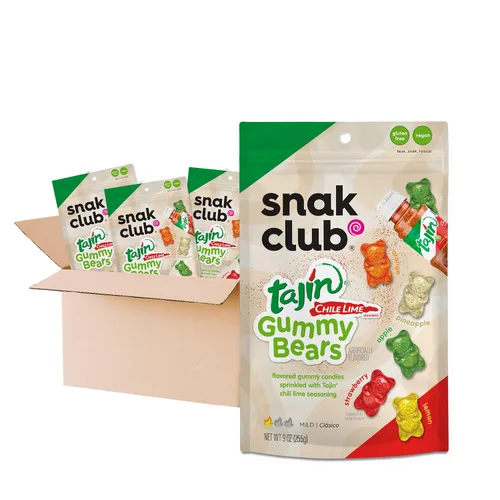 Miniatura 9 de Snak Club Tajin Osos Gomos de Gummy Bears, Gomitas de Fruta Surtidas con Condimento de Chile y Lima, Snacks Suaves, Sin Gluten y Veganos, Bolsas