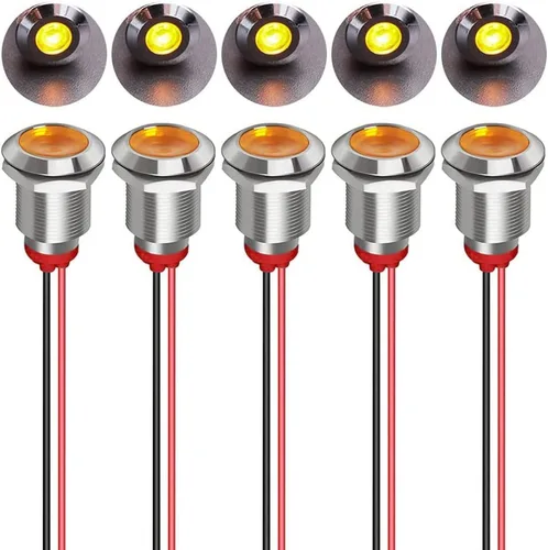 Miniatura 23 de Gebildet 5 unids 0.472 in AC/DC 12-24V LED indicador de metal luz impermeable señal lámpara piloto Dash direccional coche camión barco con alambre