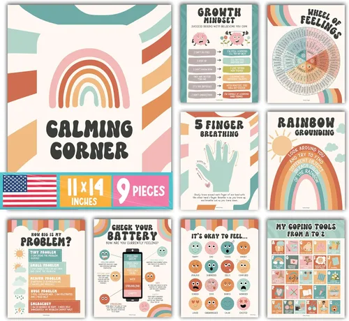 Miniatura 12 de Hadley Designs 9 carteles de esquina relajantes para el aula, suministros de esquina tranquila con tabla de emociones, póster de consejero escolar