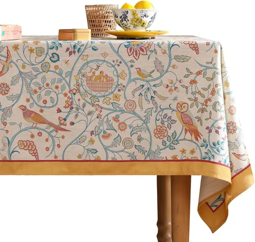 patdrea Mantel de diseño vintage pequeño cuadrado, mantel de lino amarillo con estampado floral de pájaros, colorido, para decoración de mesa en