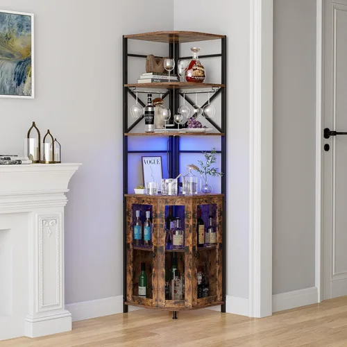 Miniatura 7 de Gabinete de bar de vino con toma de corriente, gabinete industrial de vino de 6 niveles con luz LED y soporte para vidrio, gabinete de vino
