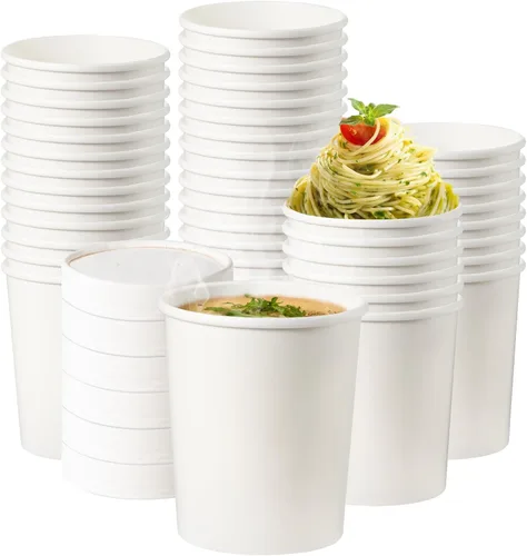 Miniatura 8 de Fit Meal Prep Paquete de 50 recipientes de sopa de papel blanco de 12 onzas con tapas, recipientes de alimentos desechables calientes o fríos