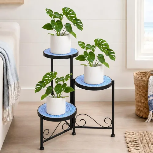 Miniatura 7 de Soporte de cerámica de mosaico de 3 niveles para plantas, soporte plegable de hierro forjado, no requiere montaje, estante para plantas de ahorro