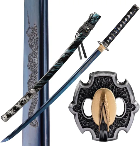 Espada katana japonesa hecha a mano, auténtica, forjada a mano, espadas samurai de acero de alto carbono 1060 para artes marciales, colección y Azul