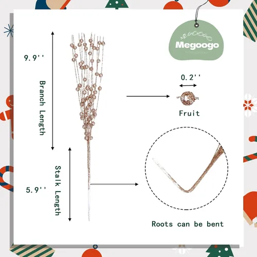 Miniatura 2 de 12 unidades de púas brillantes para árbol de Navidad, tallos de bayas con purpurina dorada, adornos de bayas artificiales, púas y ramas de Navidad