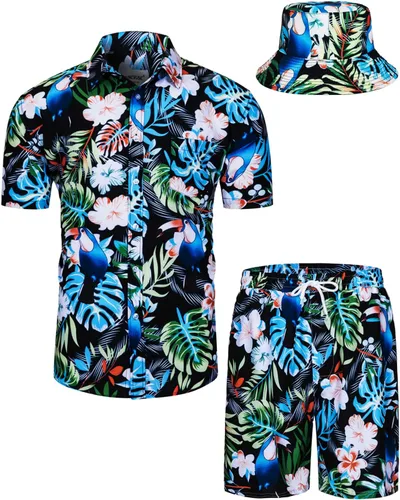 Miniatura 11 de TUNEVUSE Conjunto de camisas y pantalones cortos hawaianos para hombre, 2 piezas, trajes de playa con estampado de flores, traje tropical de verano