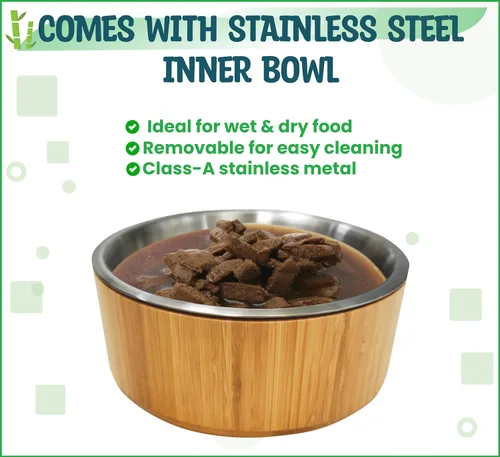 Miniatura 5 de Cuencos elevados para perros para razas grandes, soporte elevado de bambú (15 pulgadas de alto) con plato de acero inoxidable, adecuado