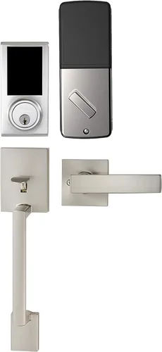 Amazon Basics Cerradura electrónica del teclado de la puerta del cerrojo de la pantalla táctil del grado 3 con manija, acabado de níquel satinado,