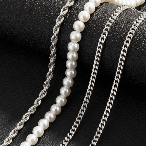 Miniatura 6 de YERTTER Collar gótico de cadena de plata de 4 capas para hombre, cadena de perlas, cadena gruesa, cadena torcida, cadena plana, gargantilla