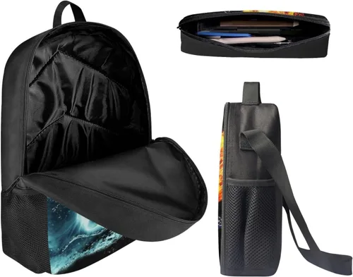 Miniatura 3 de HUGS IDEA Juego de 3 bolsas escolares con aislamiento térmico para el almuerzo, estuche para lápices